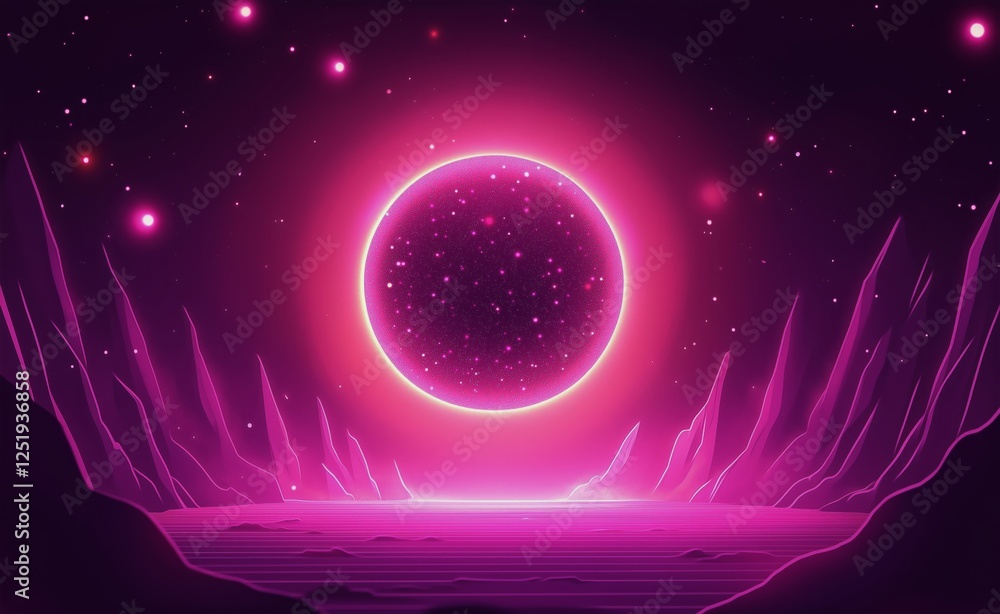 Obraz premium Vibrant pink celestial body illuminating a mystical landscape at night