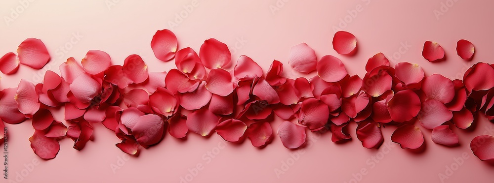 Vibrant red rose petals scattered on a soft pink surface creating a romantic ambiance Vibrant red rose petals scattered on a soft pink surface creating a romantic ambiance