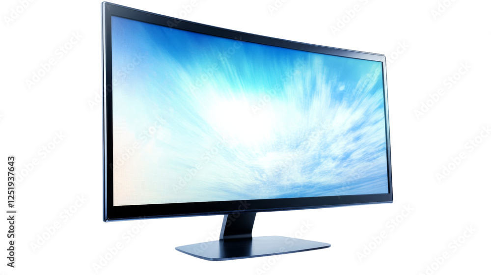 Modern wide screen monitor displaying blue sky on transparent background