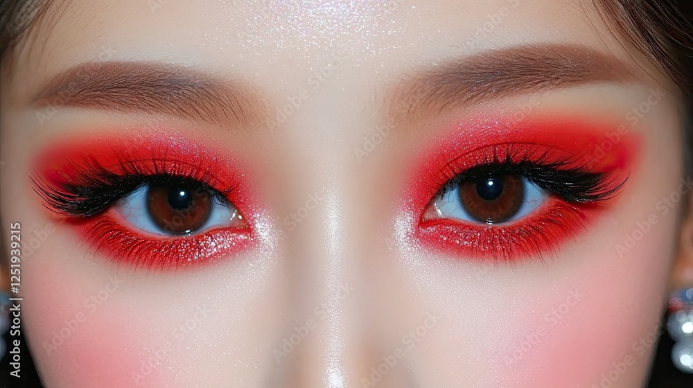 Fototapeta premium Cherry Inspired Makeup Showcasing Bold Red Hues and Striking Eye Aesthetics in a Glamorous Setting