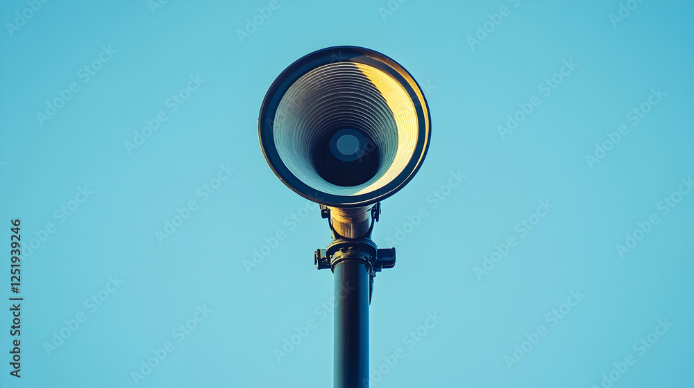 A loudspeaker on a pole used for signaling at a public event A loudspeaker on a pole used for signaling at a public event