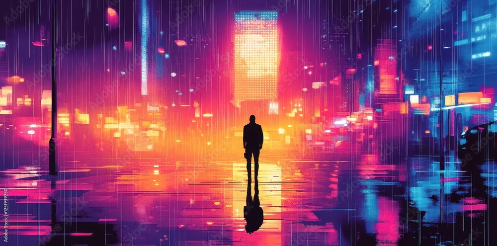 Person standing in a futuristic city in the rain Person standing in a futuristic city in the rain