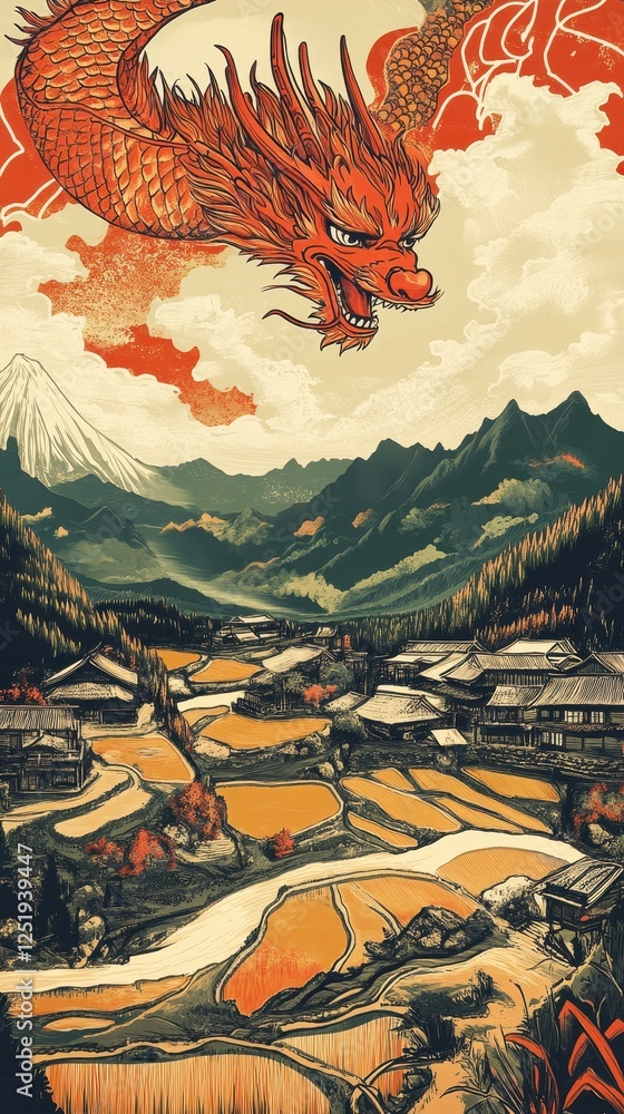 Obraz premium An enormous red dragon overlooks a japanese landscape with rice terraces