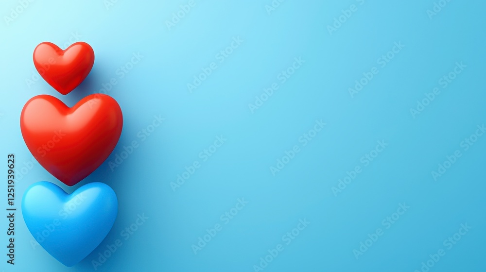 Three Stacked Red And Blue Hearts On Light Blue Background Three Stacked Red And Blue Hearts On Light Blue Background