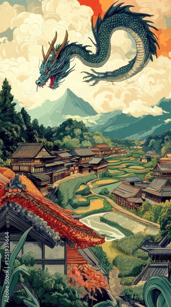 Obraz premium Asian dragon soars above village with rice paddy terraces