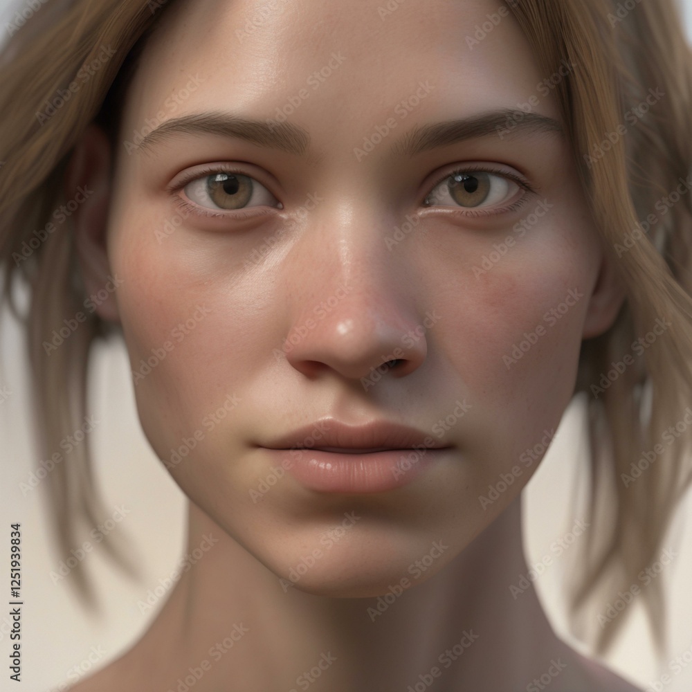 Fototapeta premium A highly detailed, hyper-realistic close-up portrait of an AI-generated human face. This digital artwork features lifelike skin textures, expressive eyes, and natural lighting.
