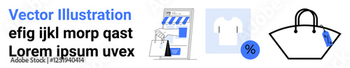 Storefront with shopping bags, T-shirt icon, percentage discount tag, and handbag illustration. Ideal for e-commerce, online store, retail, fashion sales, discounts marketing flat landing page