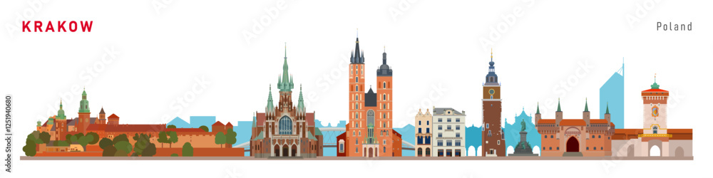 Krakow city of Poland historical famous buildings, travel and tourism banner vector illustration Krakow city of Poland historical famous buildings, travel and tourism banner vector illustration