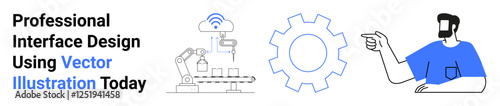 Robotic arm assembling on conveyor, large gear icon, man pointing for presentation or explanation. Ideal for technology, engineering, robotics, innovation, AI design, process automation flat landing