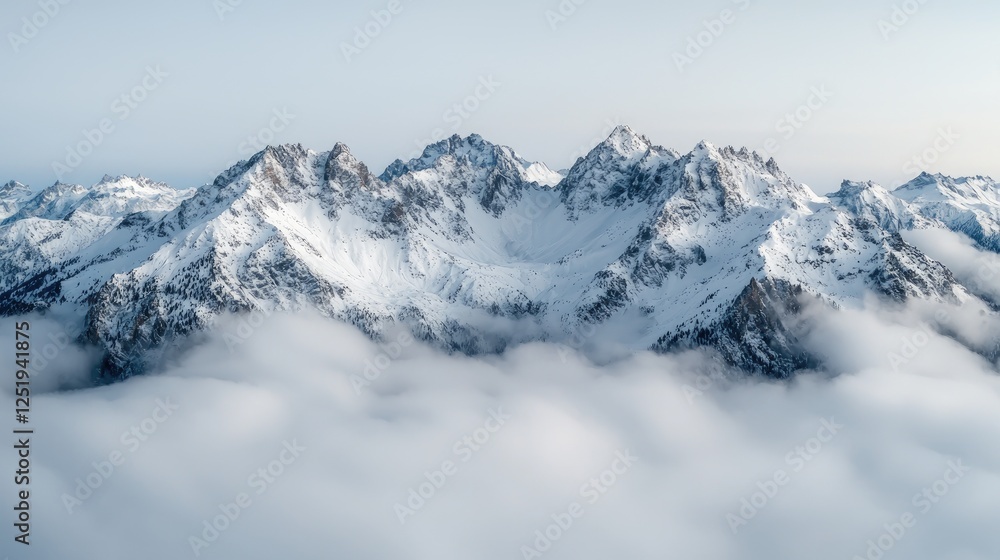 Fototapeta premium Snowy Mountain Peaks Above Clouds