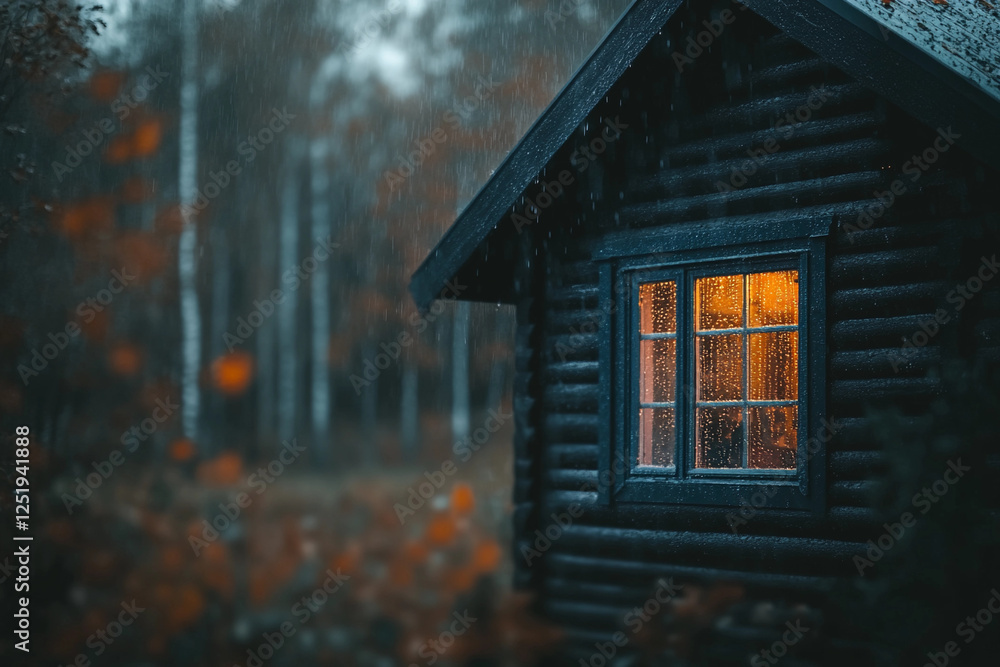 Cozy wooden house in a rainy forest setting Cozy wooden house in a rainy forest setting