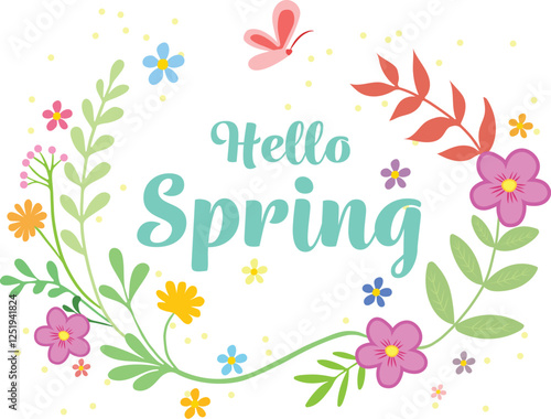 Hello spring vector logotype badge typography icon lettering season leaves flowers floral greeting card invitation template retro vintage banner poster abstract isolated white background