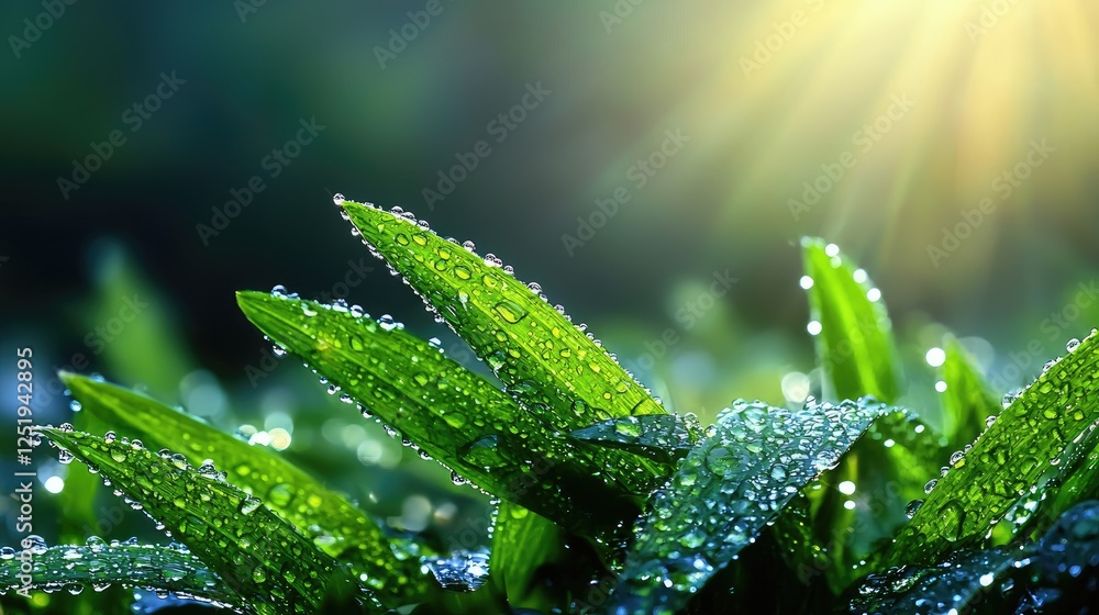 Dew-kissed grass blades in morning sun. Possible use Nature photography Dew-kissed grass blades in morning sun. Possible use Nature photography