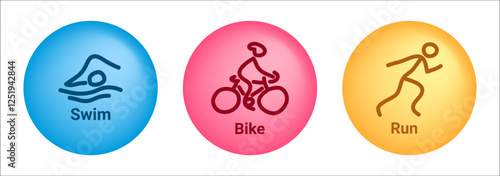  Vector hand-drawn icons symbolizing triathlon. Swim, bike, run. Symbols of triathletes in blue, red, yellow circles – stylized icons of people swimming, cycling, running isolated on white background
