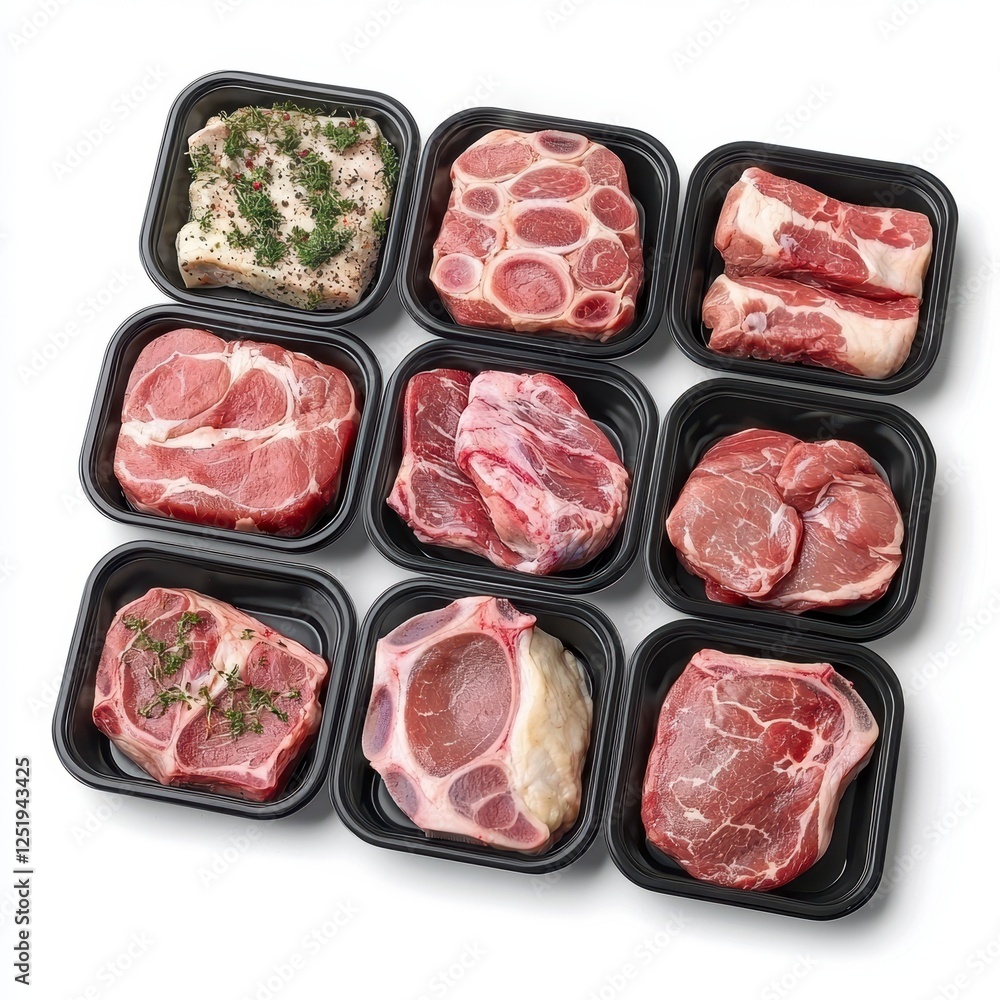 Fresh meat in a black container. A grid of assorted meat cuts displayed in black trays, showcasing various types and textures, perfect for meat lovers and culinary enthusiasts. Fresh meat in a black container. A grid of assorted meat cuts displayed in black trays, showcasing various types and textures, perfect for meat lovers and culinary enthusiasts.
