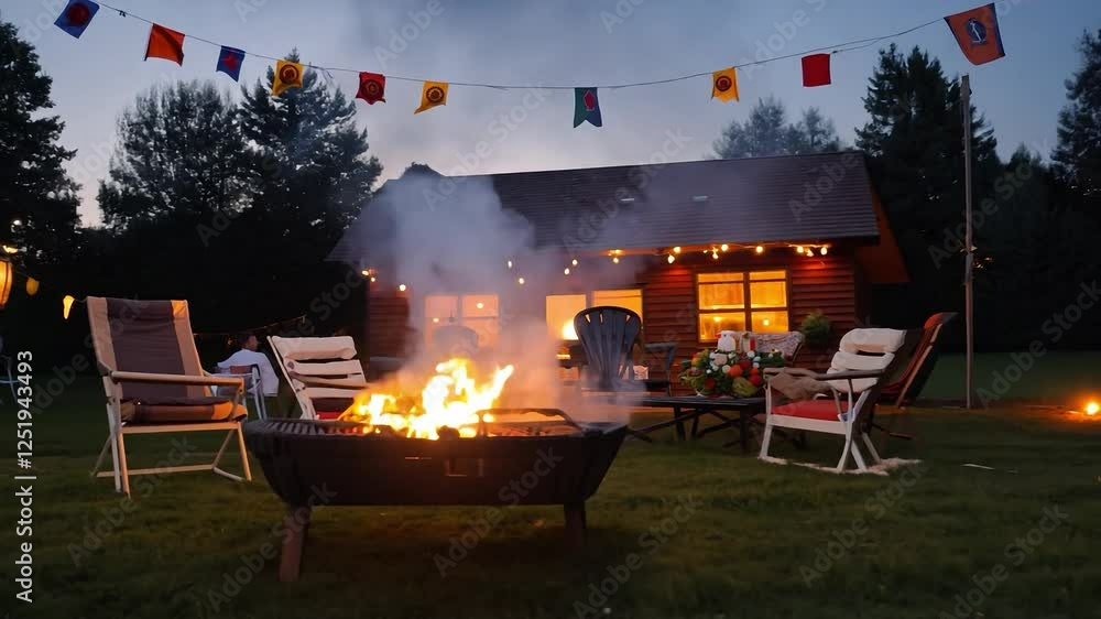 Cozy backyard setup with a fire pit, chairs, festive lights, and decorations in front of a wooden house during twilight. Outdoor gathering and relaxation concept. Design for banners, posters, and life Cozy backyard setup with a fire pit, chairs, festive lights, and decorations in front of a wooden house during twilight. Outdoor gathering and relaxation concept. Design for banners, posters, and life