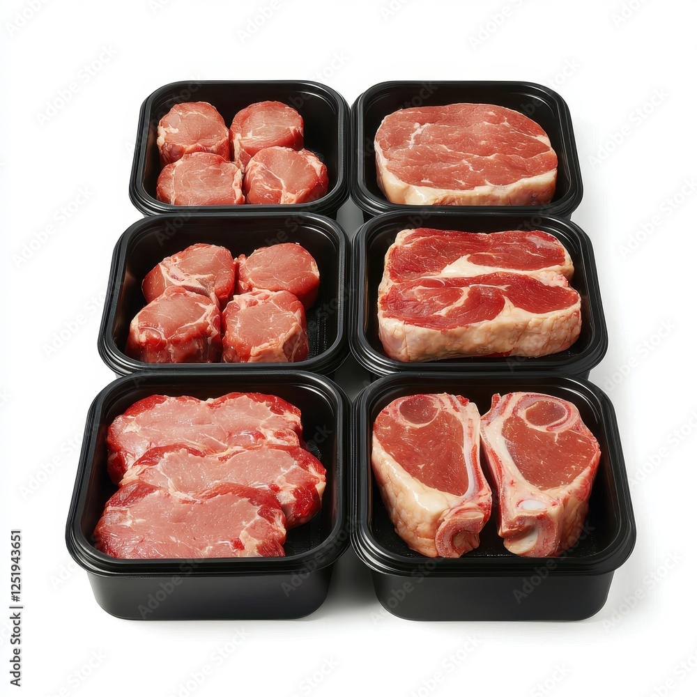 Fresh meat in a black container. A displayed assortment of raw meat cuts in black trays, showcasing different types such as steaks and chops, ready for sale or preparation. Fresh meat in a black container. A displayed assortment of raw meat cuts in black trays, showcasing different types such as steaks and chops, ready for sale or preparation.