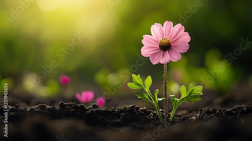 A delicate pink flower rises gracefully from the ground amidst dark soil, symbolizing resilience and beauty, capturing nature's optimism in a stunning visual contrast and harmonious balance. photo