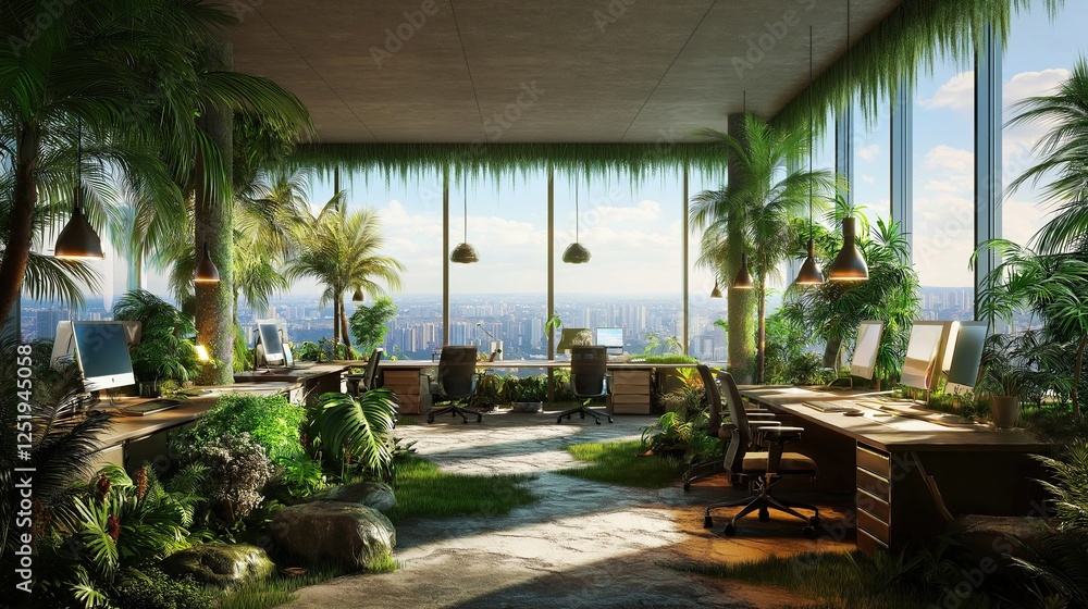Fototapeta premium modern office space with a large window that offers a panoramic view of the city. The room is filled with lush greenery, including palm trees, ferns, and other tropical plants
