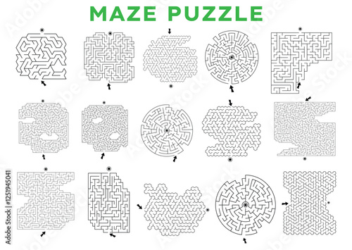 Maze game Labyrinth vector bundle illustration. Puzzle templates for kids books and kindergarten workbooks or homeschool