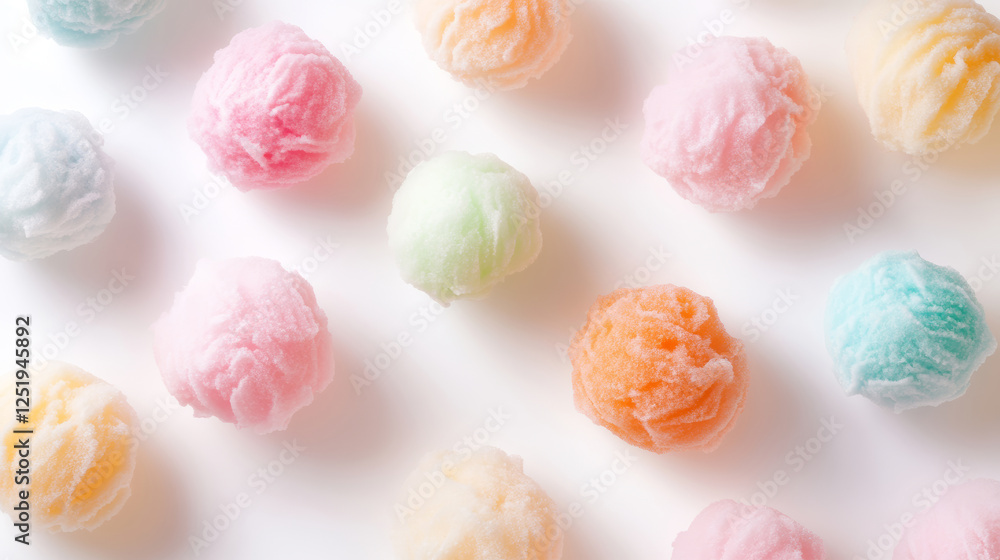 Colorful candy floss cones arranged in playful patterns on a seamless white background, enhancing a festive and vibrant atmosphere perfect for celebrations Colorful candy floss cones arranged in playful patterns on a seamless white background, enhancing a festive and vibrant atmosphere perfect for celebrations