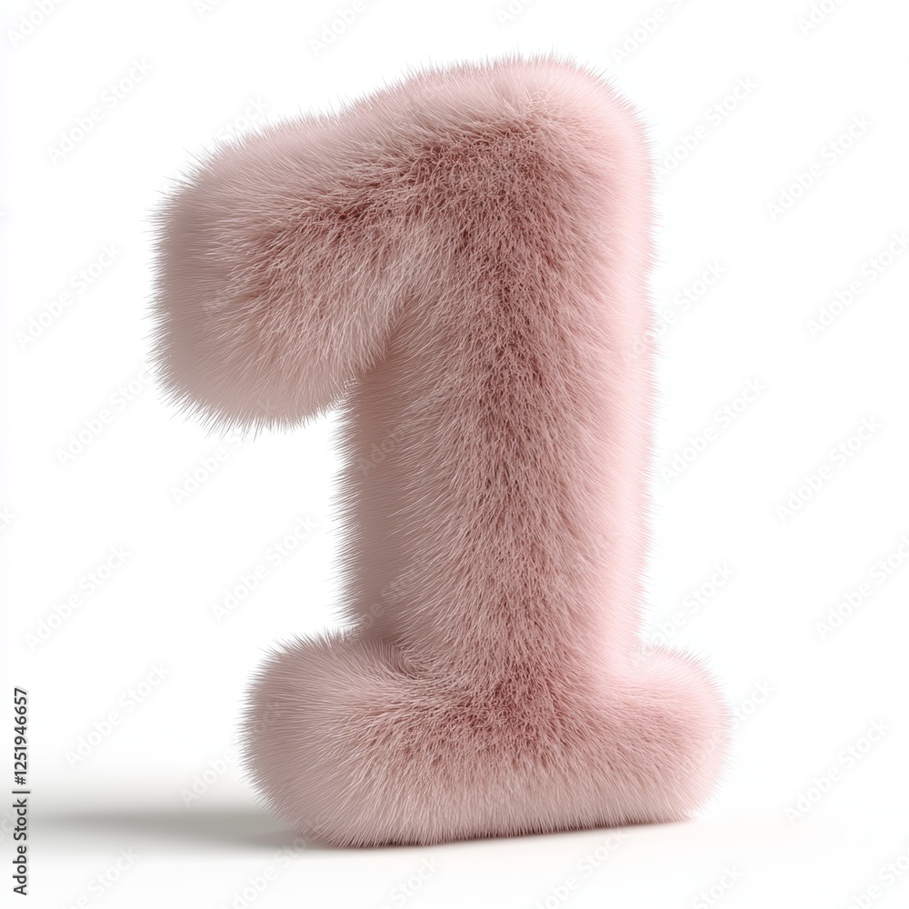Fluffy light pink number one character rendered in 3D on a white backdrop showcasing softness and texture Fluffy light pink number one character rendered in 3D on a white backdrop showcasing softness and texture