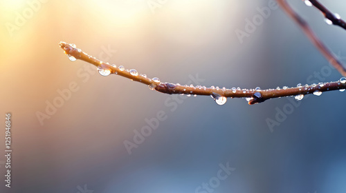 Close up of a dewdrop covered apple glistening on a branch in morning light against a plain gray blue background, showcasing the beauty of nature at dawn photo