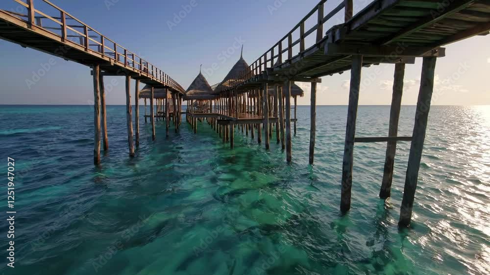 Wooden pier stretching toward thatched hut over turquoise waters, framing serene coastal landscape of zanzibar, tanzania Wooden pier stretching toward thatched hut over turquoise waters, framing serene coastal landscape of zanzibar, tanzania