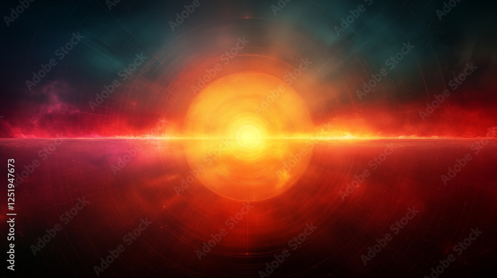 Fototapeta premium Glowing digital sun horizon with geometric grid pattern, representing futuristic abstract technology concept in red and orange tones