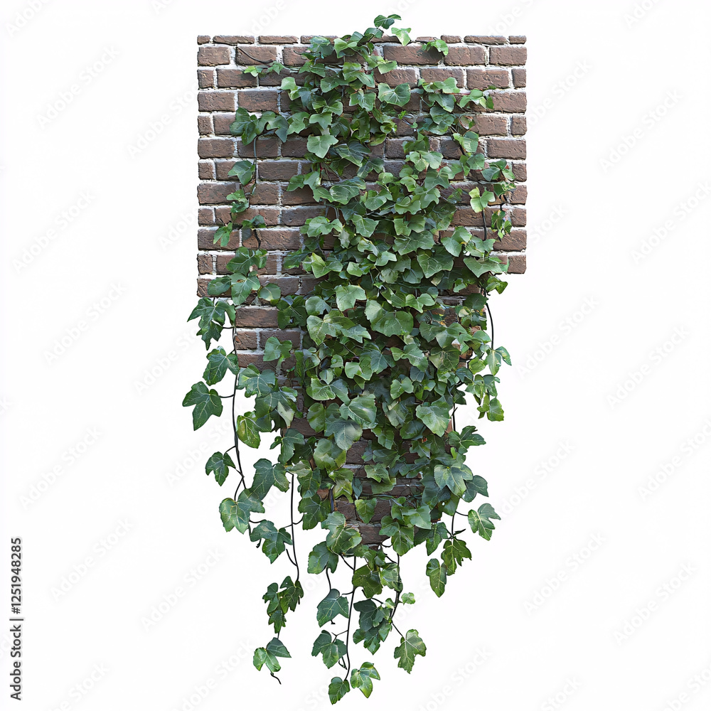Fototapeta premium Lush ivy cascades down a section of weathered red brick wall, creating a natural green facade against the aged surface.