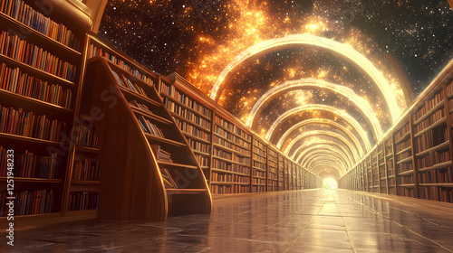 A celestial library hallway with an arched ceiling and infinite bookshelves reflecting a glowing cosmos. Infinite Libraries. Illustration photo