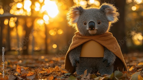 Charming Koala Plush Toy in Autumnal Forest at Sunset