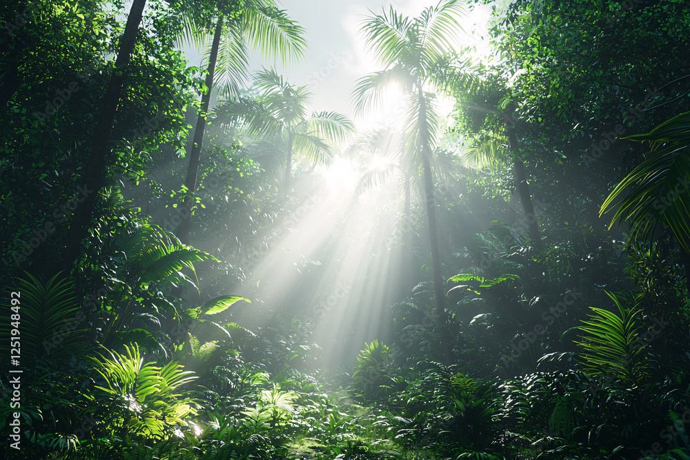 Obraz premium Sunlight streams through a lush, dense tropical rainforest, illuminating the vibrant greenery below.