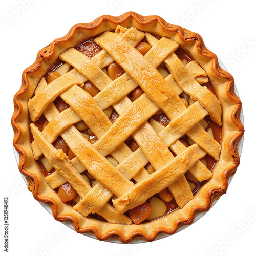 Overhead shot of a delicious apple pie with a lattice crust.