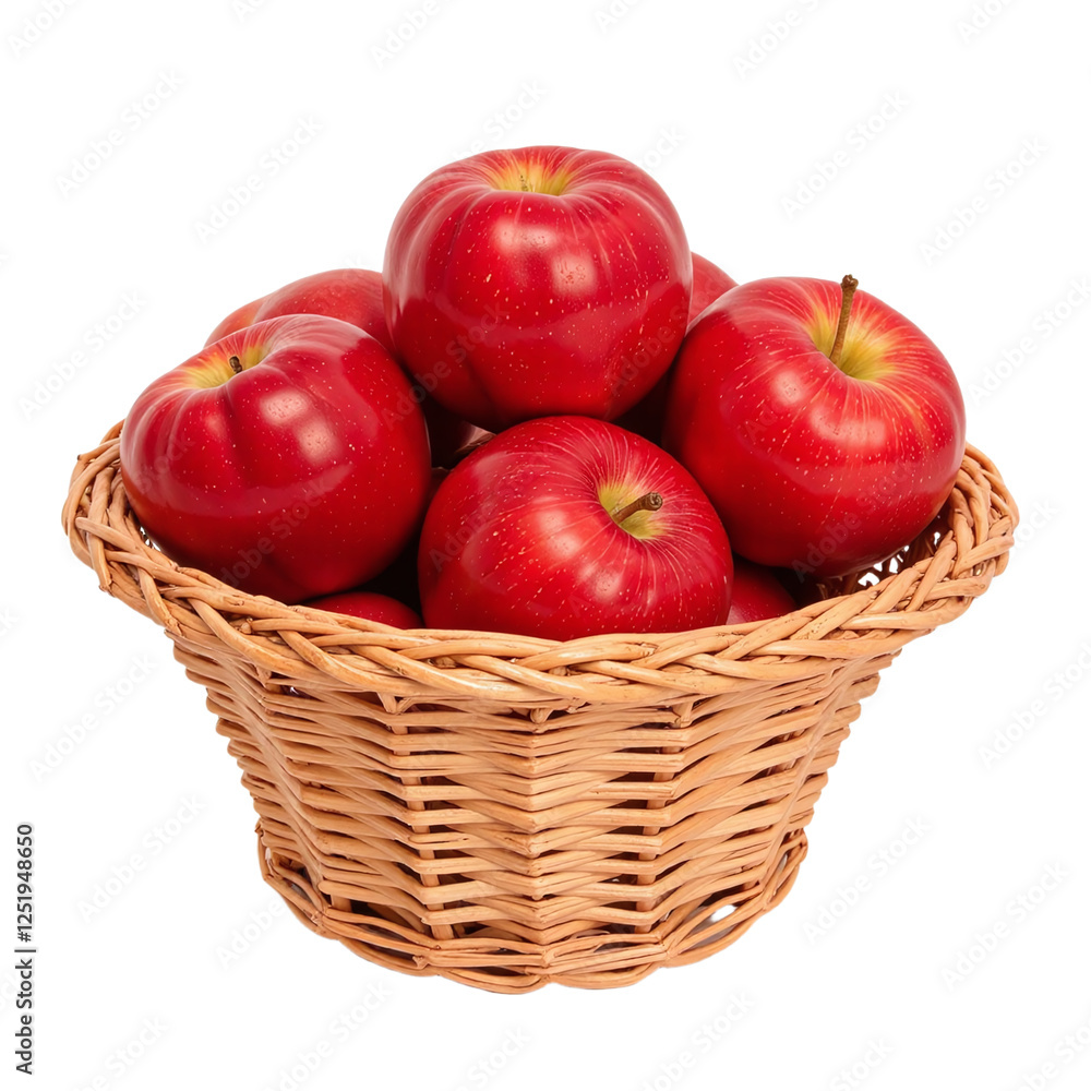 A wicker basket full of ripe, red apples against a cut out background. A wicker basket full of ripe, red apples against a cut out background.