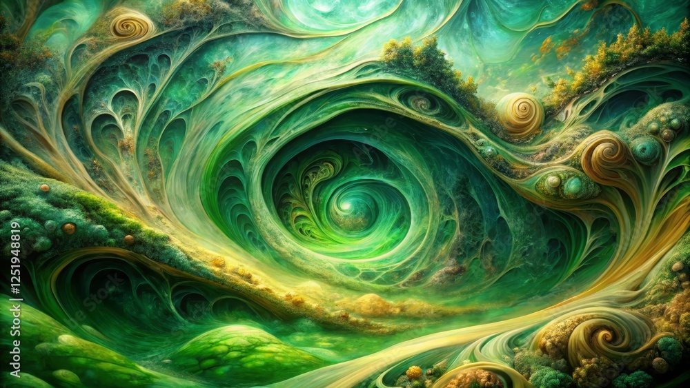 Whimsical Green Abyss A Surreal Landscape of Swirling Forms and Lush Vegetation Featuring a Central Vortex and Organic Textures Whimsical Green Abyss A Surreal Landscape of Swirling Forms and Lush Vegetation Featuring a Central Vortex and Organic Textures