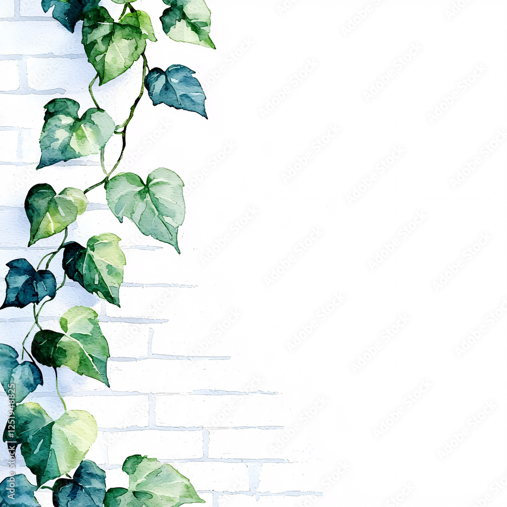 Fototapeta premium Watercolor painting of a trailing green vine with heart-shaped leaves against a white brick wall, leaving ample white space.