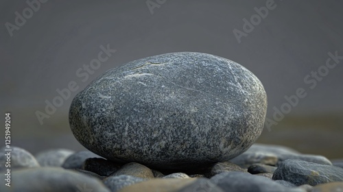 A solitary gray stone rests atop a collection of pebbles, highlighting the texture and natural beauty of the stone against a muted backdrop that emphasizes simplicity. photo