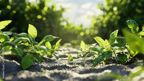 A vibrant display of lush green plants thriving under soft sunlight, embracing the warmth and life they bring while creating an inviting and revitalizing atmosphere. photo