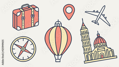 Travel Essentials: Suitcase, Compass, Hot Air Balloon, Plane, Landmarks