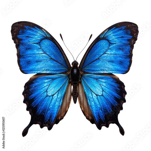 Close-up of a vibrant blue morpho butterfly against a cut out background.
