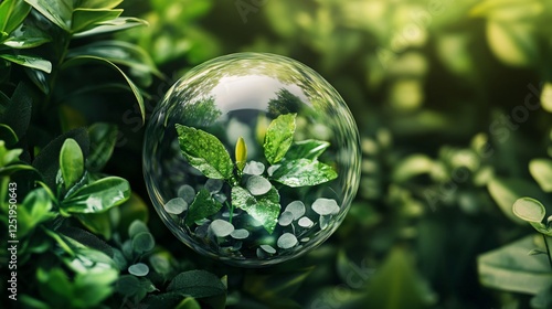 A vibrant glass sphere encapsulates lush green leaves and pebbles, symbolizing nature's resilience and beauty in a captivating visual concept. photo