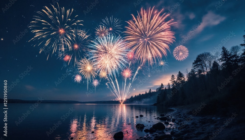 Fototapeta premium Spectacular Fireworks Display Over Tranquil Lake Reflecting in Still Water
