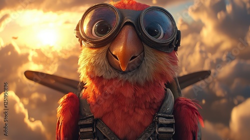Charming Red Parrot in Aviator Goggles Against a Dramatic Sunset Sky