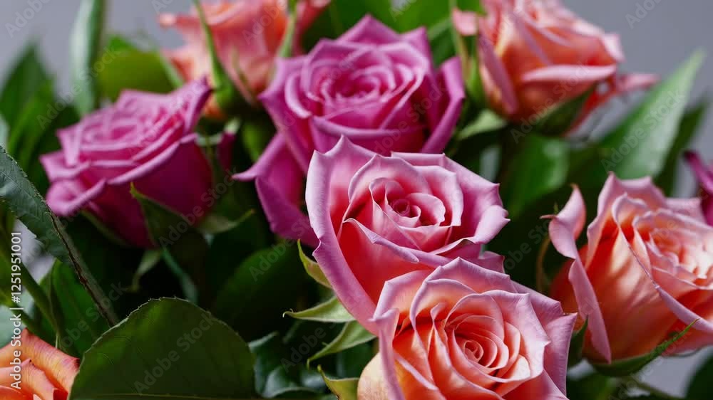 Bouquet of pink and purple roses with green leaves, vibrant floral arrangement. Romantic gift and celebration concept Bouquet of pink and purple roses with green leaves, vibrant floral arrangement. Romantic gift and celebration concept