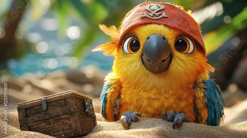 Charming Yellow Parrot in Pirate Bandana on Sandy Beach with Treasure Chest