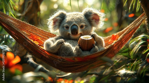 Cheerful Koala Relaxing in Hammock Among Lush Tropical Foliage