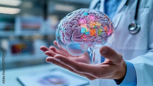 Doctor Holding 3D Brain Model with Tumor Highlights in Modern Consultation Room photo