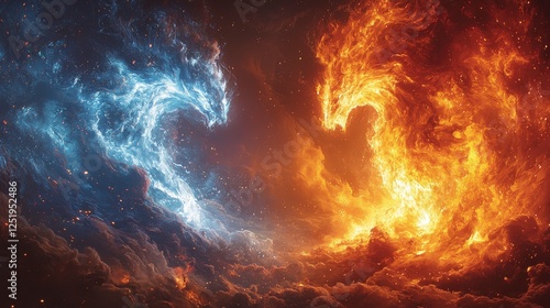 Clash of Elements: Fiery and Icy Dragons in a Cosmic Dance photo