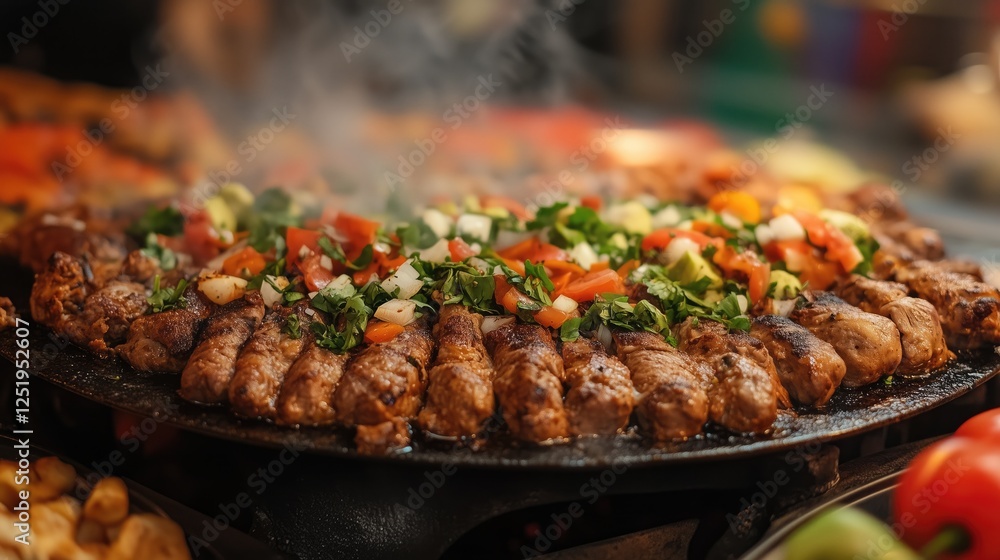 Delicious grilled meat with vegetables on hot stone at outdoor market Delicious grilled meat with vegetables on hot stone at outdoor market
